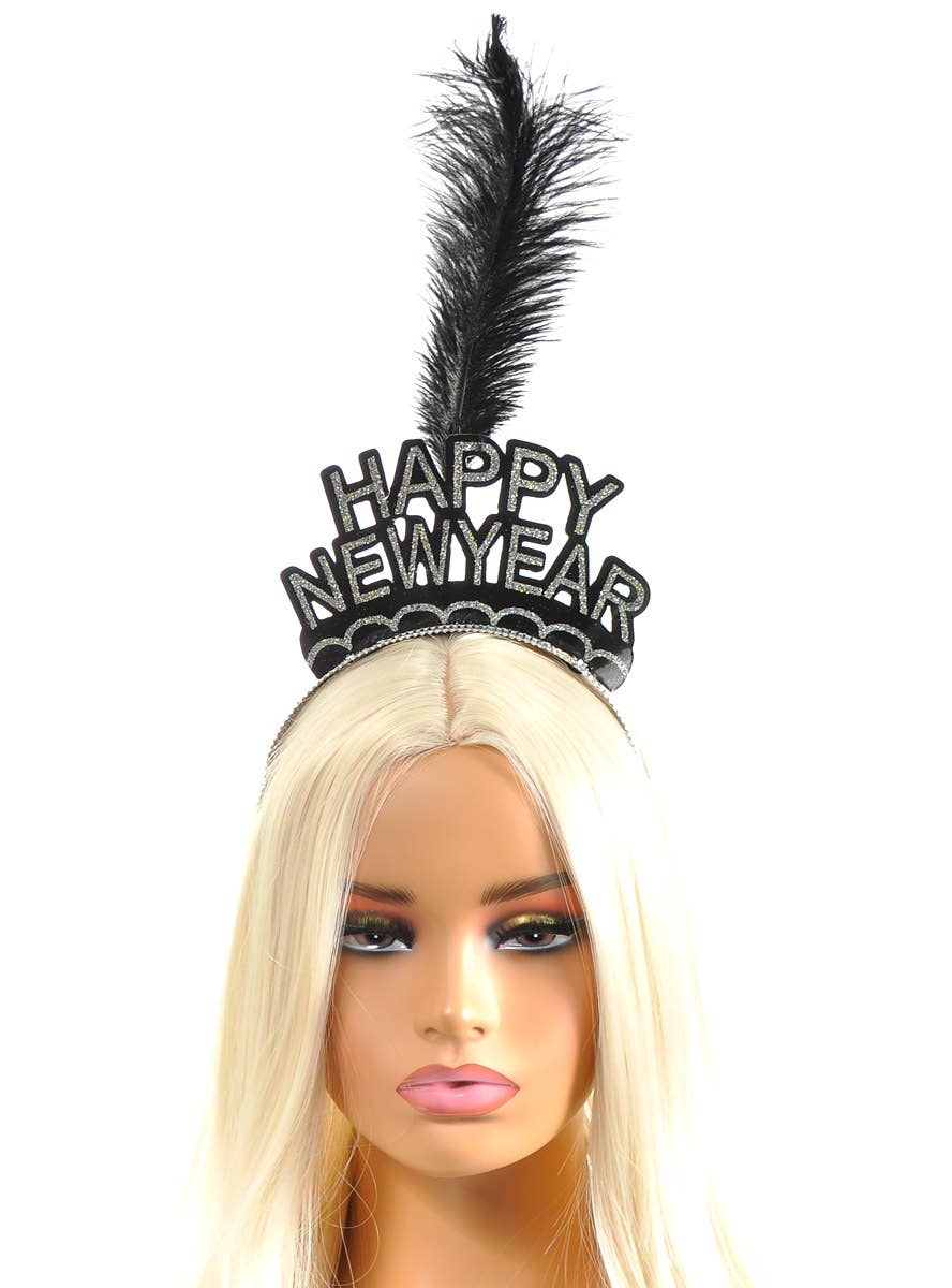 Image of Sparkly Silver Happy New Year Party Headband with Feather - Alternate Image
