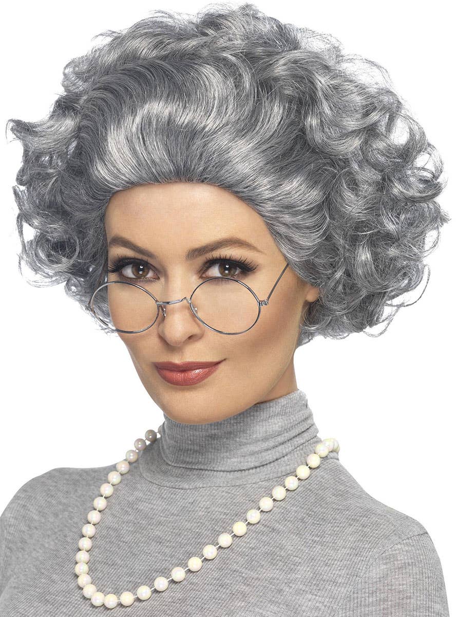 Image of Old Lady Women's Silver Curly Costume Wig - Main Image
