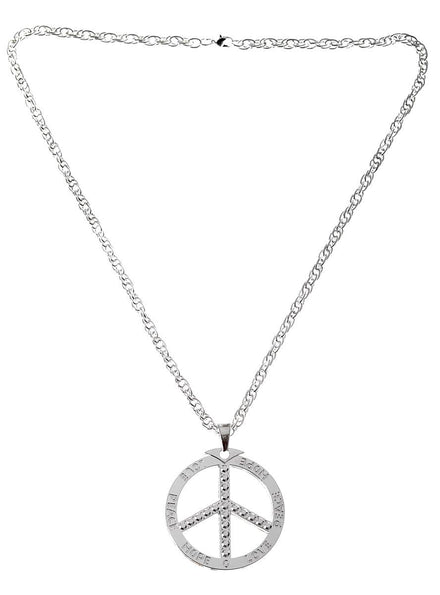 Long Silver Metal Hippie Peace Sign  Costume Necklace - Main Image