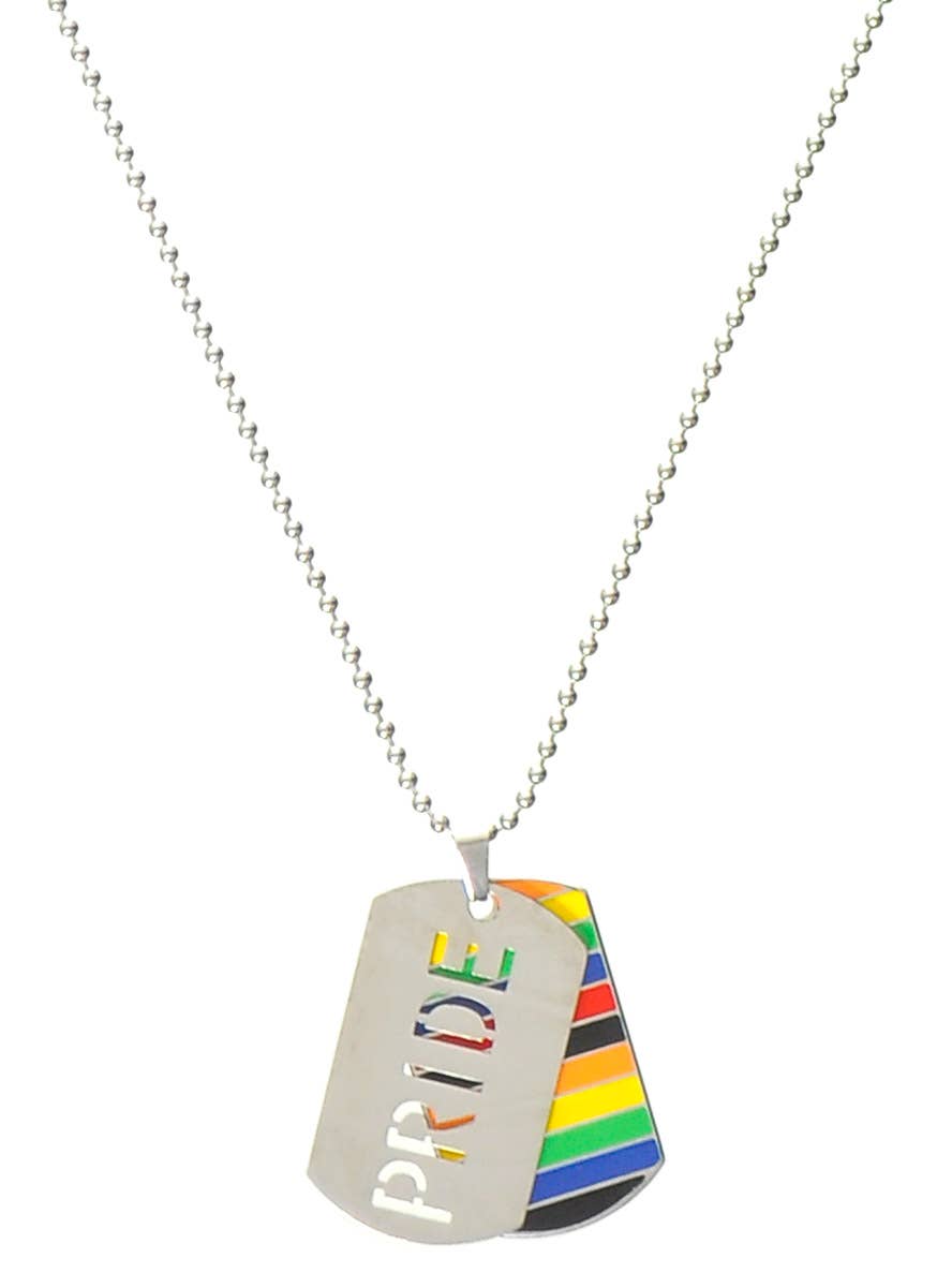 Image of Rainbow Pride Mardi Gras Dog Tags on Silver Chain - Close Image