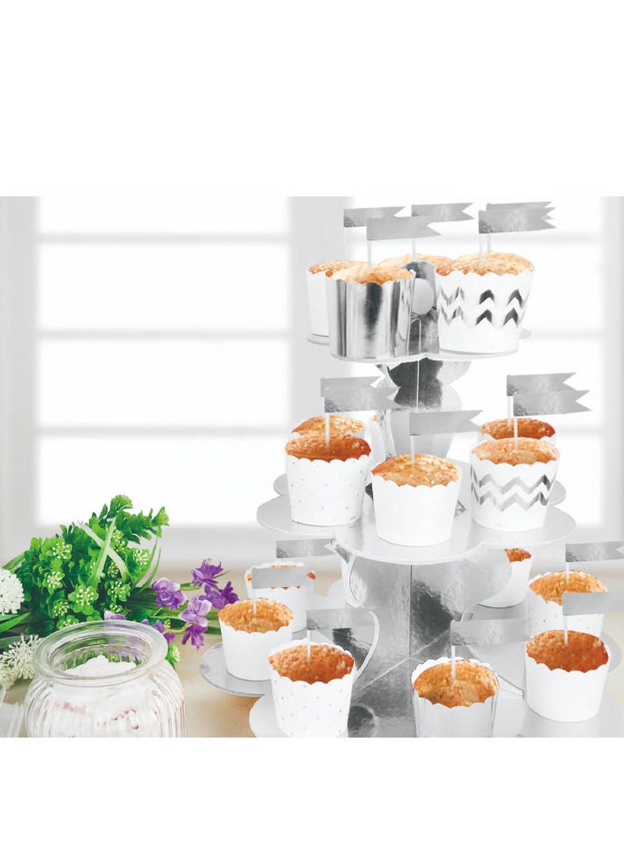 Image of Silver Metallic 3 Tier Cupcake Stand