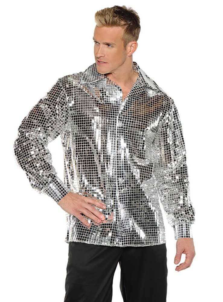 1970s Silver Mirror Disco Ball Mens Plus Size Costume Shirt