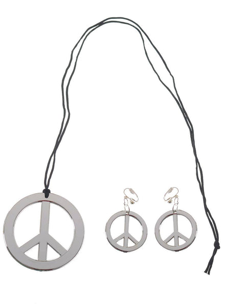 Silver Peace Sign Hippie Necklace and Earrings Costume Jewellery Set