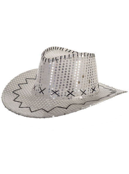 Image of Sparkly Silver Sequin Cowboy Festival Hat with Black Trim - Main Image