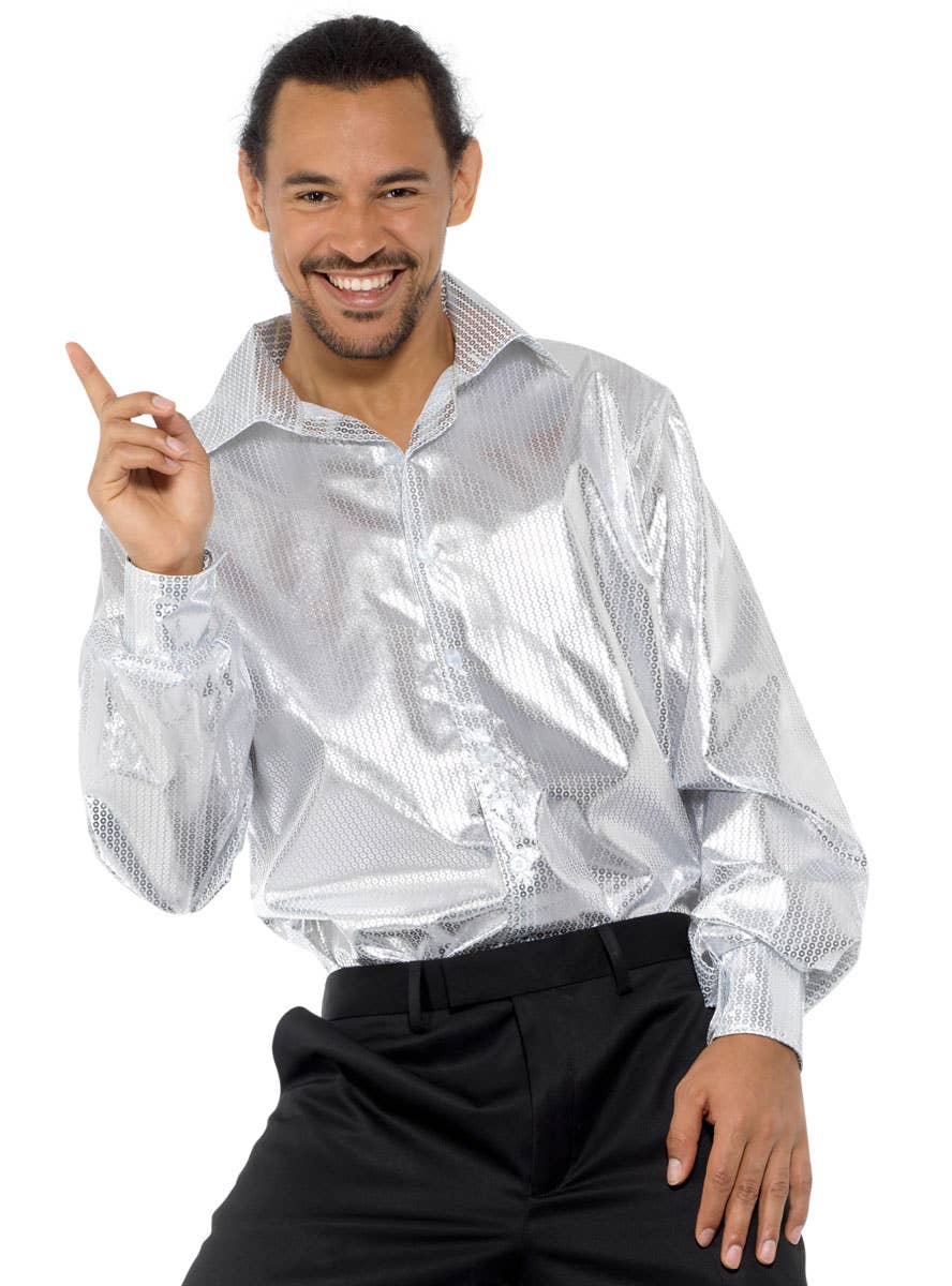 Shiny 1970s Mens Silver Sequin Disco Costume Shirt - Alternative Image