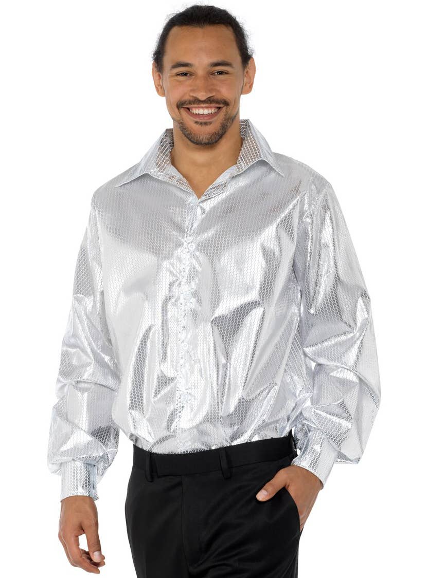 Shiny 1970s Mens Silver Sequin Disco Costume Shirt - Main Image