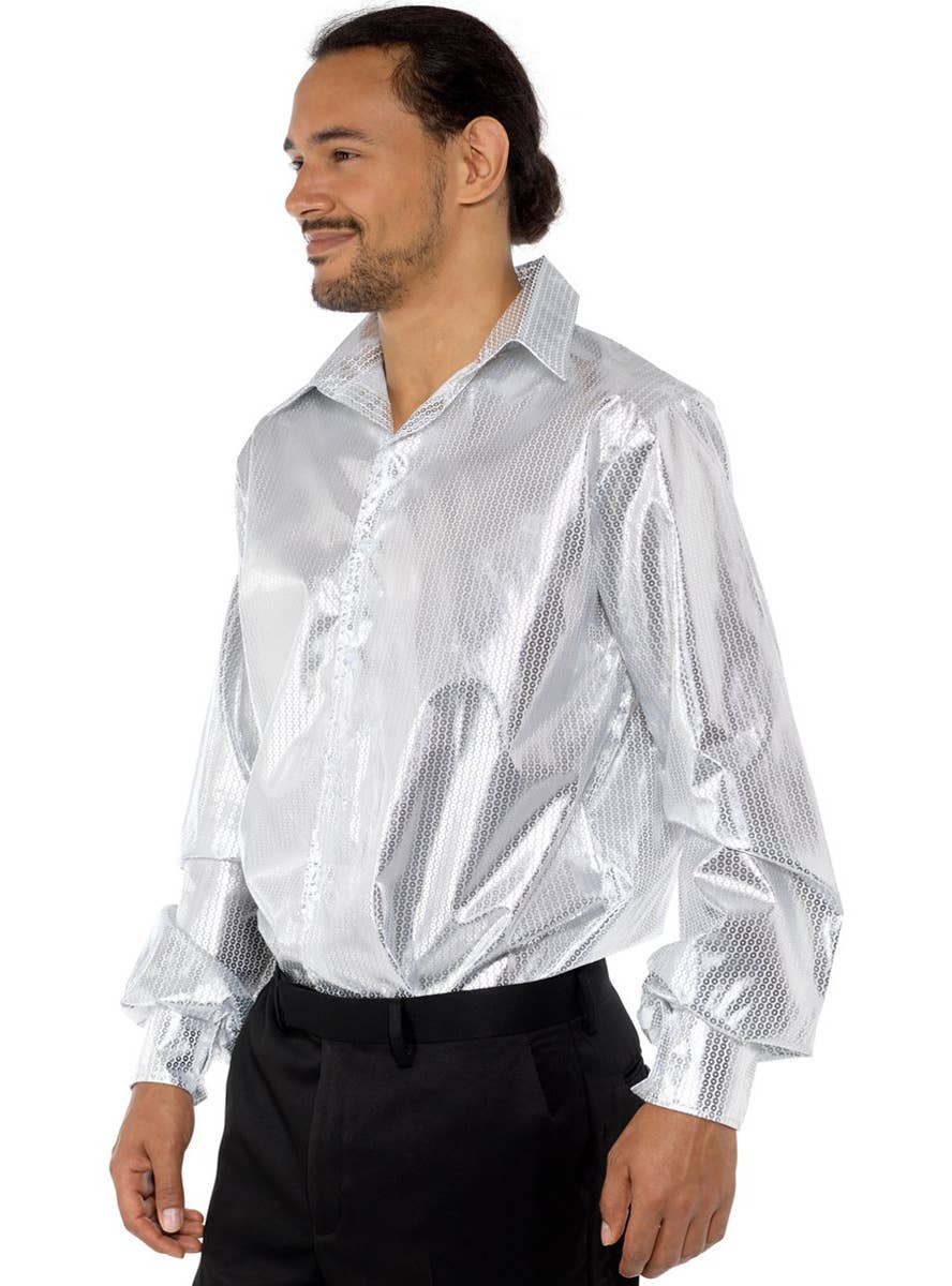 Shiny 1970s Mens Silver Sequin Disco Costume Shirt - Side Image