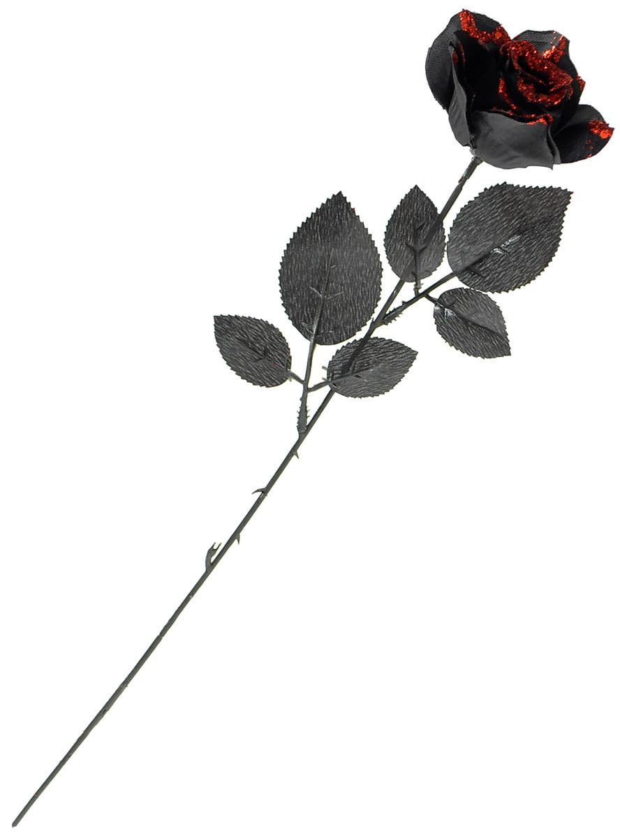 Image of Single Stem Black Fabric Rose with Red Glitter