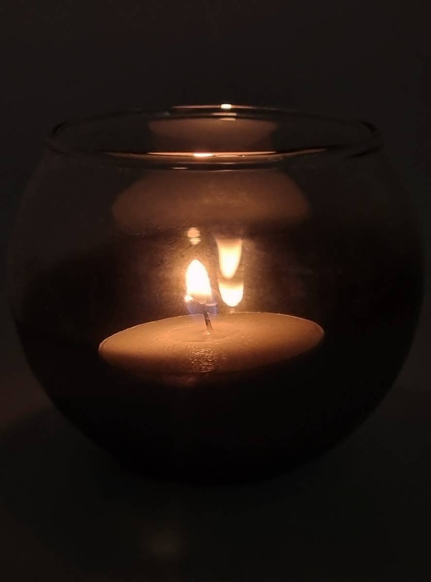 Image of Silver Shadowed Glass 6cm x 8cm Candle Holder - Lit Image