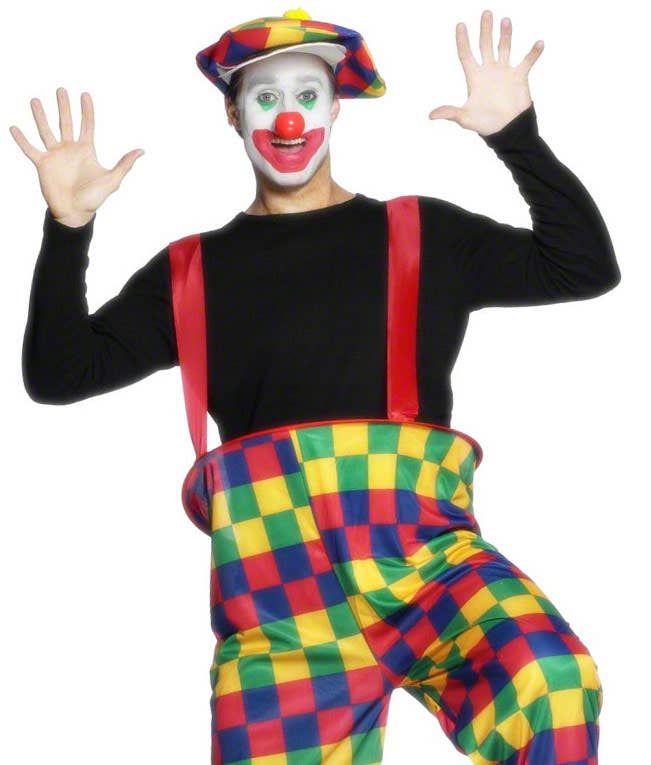 Colourful Chequered Crazy Clown Men's Circus Costume - Close Up Image