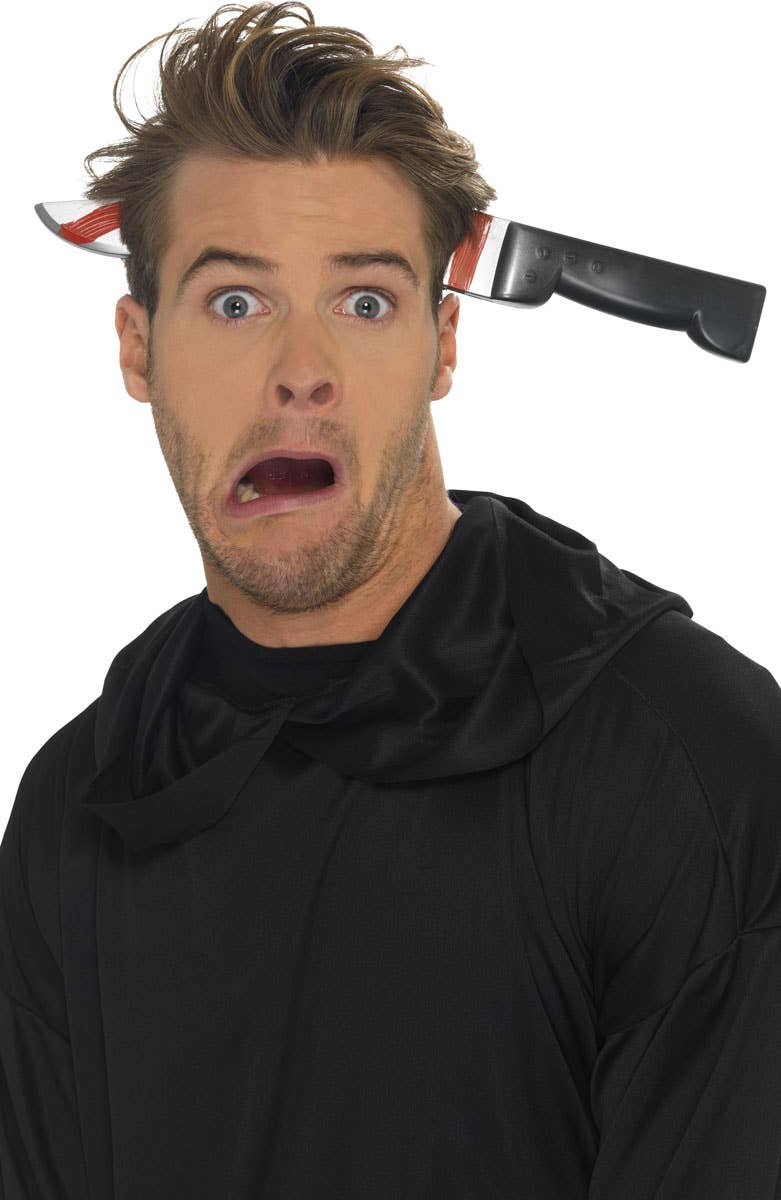 Novelty Bloodied Knife Though The Head Halloween Costume Accessory