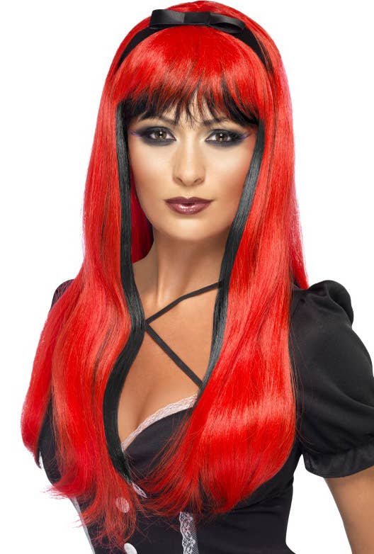 Long Straight Red and Black Women's Halloween Costume Wig with Fringe and Hair Bow