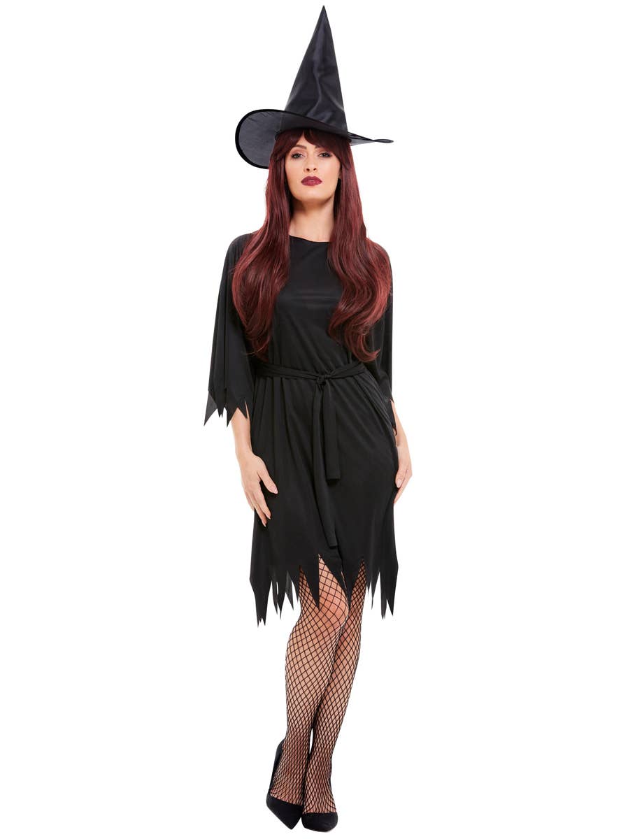 Women's Black Witch Dress Hat and Belt Budget Halloween Costume Front Image