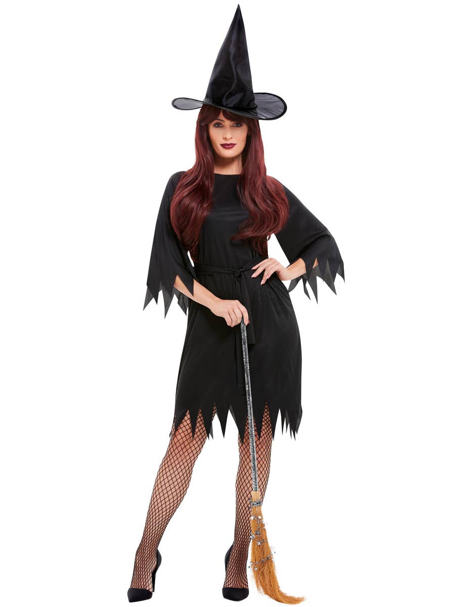 Women's Black Witch Dress Hat and Belt Budget Halloween Costume Main Image