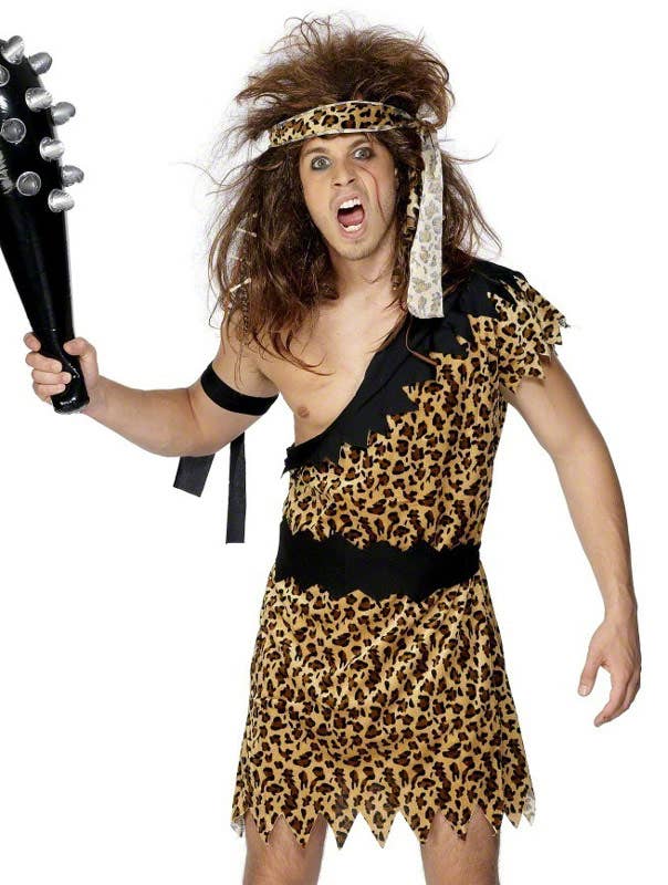 Men's Leopard Print Caveman Costume - Close Up Image