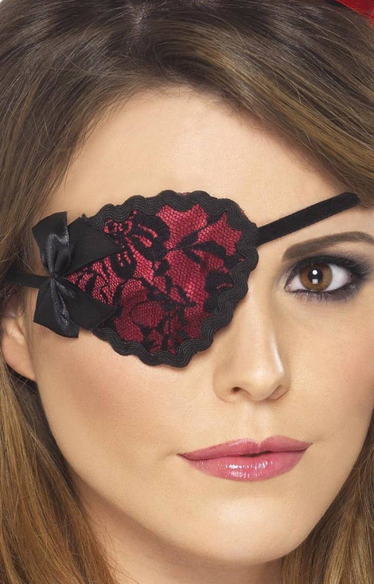 Black Lace and Red Women's Pirate Eye Patch Costume Accessory Main Image