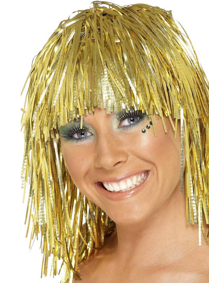 Women's Gold Tinsel Costume Wig with Fringe