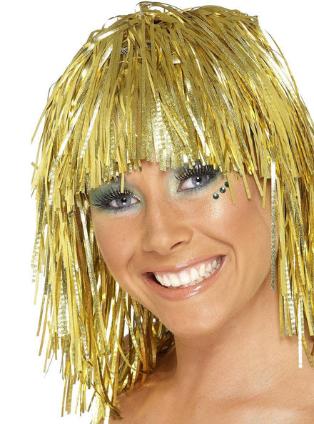 Women's Gold Tinsel Costume Wig with Fringe