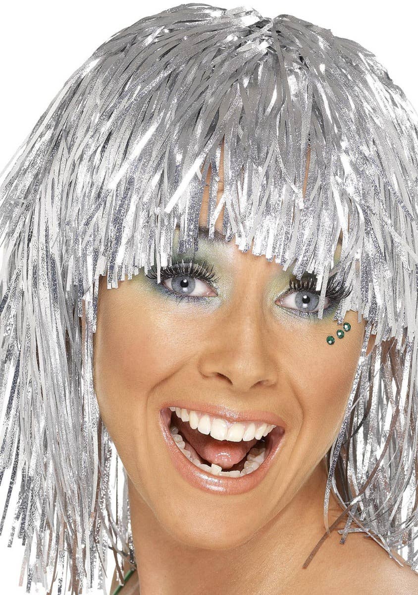 Novelty Cyber Women's Silver Tinsel Costume Wig Main Image