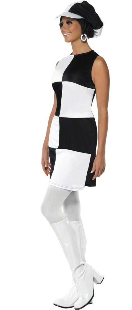 Womens 60s Dress Mod Black and White Retro Costume with Matching Hat - Side View