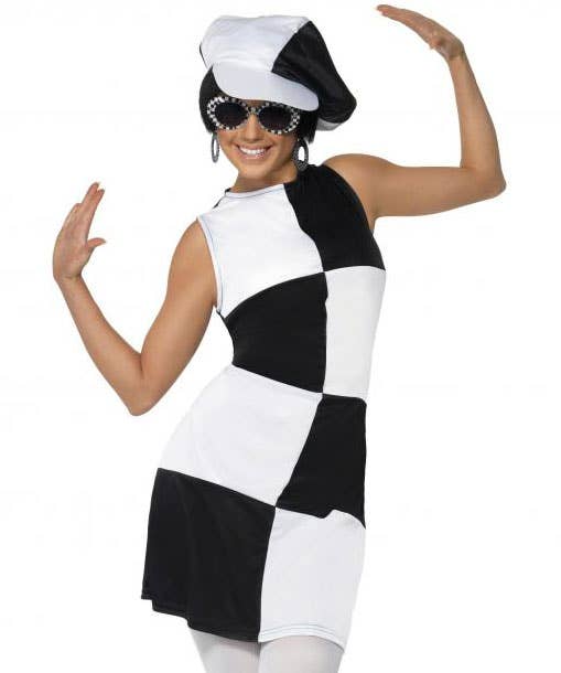 Womens 60s Dress Mod Black and White Retro Costume with Matching Hat - Close View