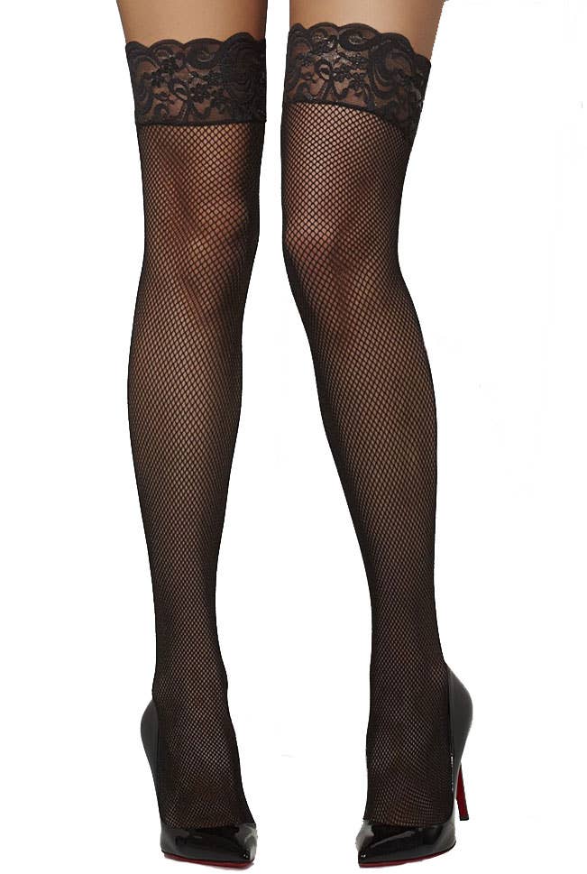 Black Thigh High Stay Up Fishnet Costume Stockings for Women - Main Image