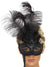 Handheld Black Glitter Masquerade Mask With Tall Front Feathers