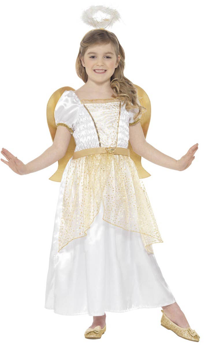 Girls Golden Christmas Angel Fancy Dress Costume - Front Image