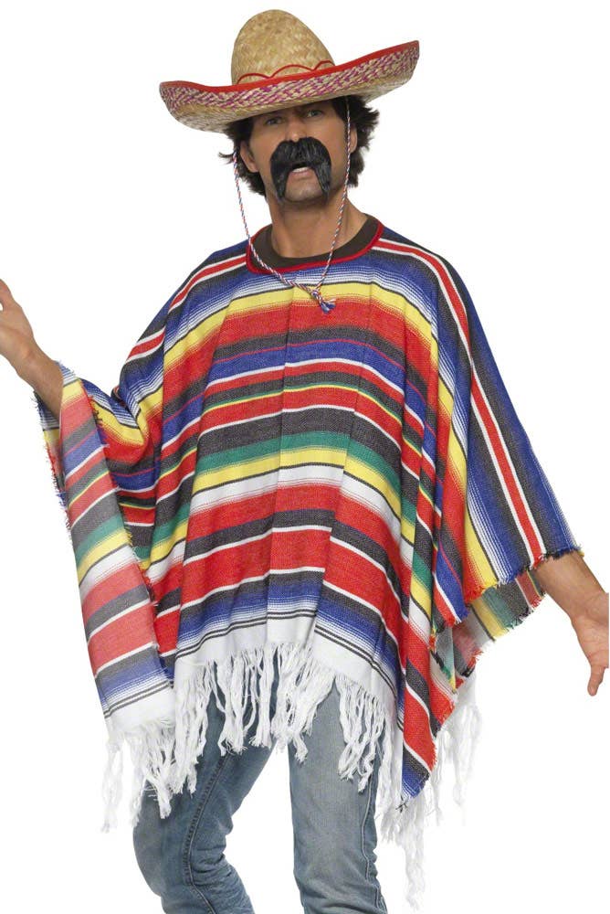 Men's Mexican Muilti Coloured Fancy Dress Poncho Front Image 