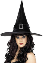 Black Velvet Women's Witch Hat with Silver Buckle Hat Band