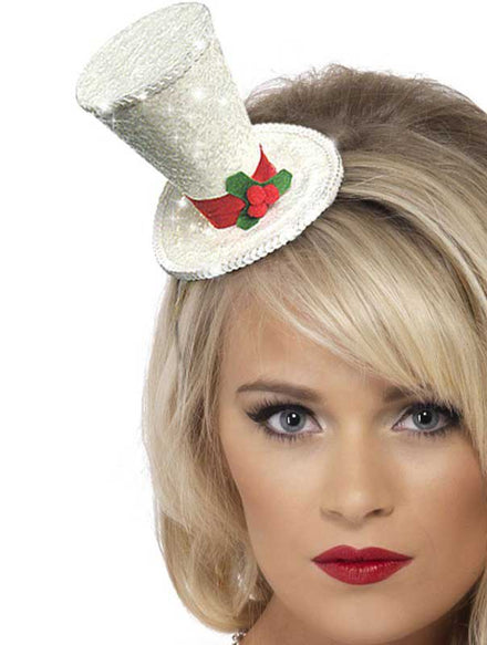 Mini White Glitter Christmas Top Hat Costume Headband