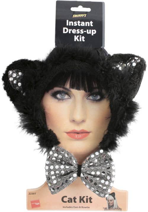 Black Sequin Cat Ears and Bow Tie Costume Accessory Set - Alternative Image