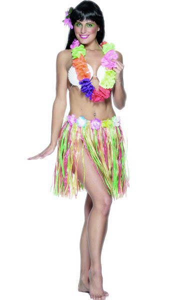 Short Multicoloured Hawaiian Costume Hula Skirt for Women - Alternative View