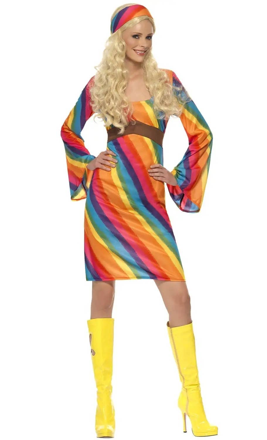 Image of 70's Rainbow Hippie Women's Plus Size Costume - Front View