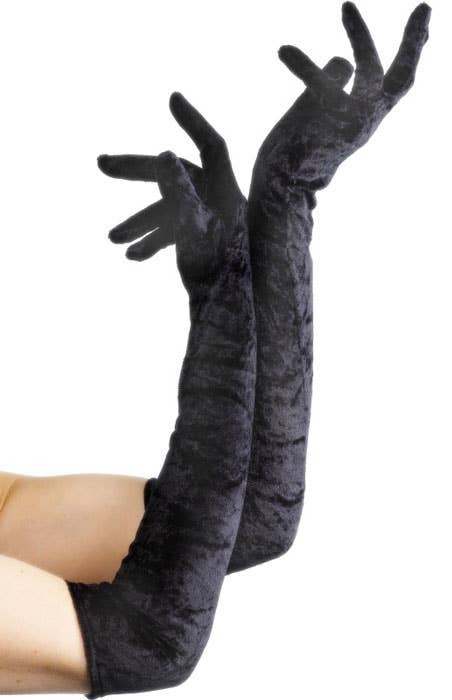 Long Black Elbow Length Women's Velveteen Costume Gloves - Alternate Image