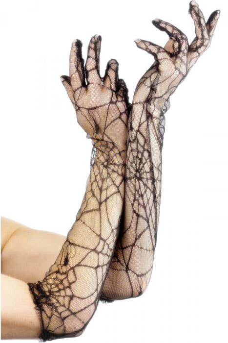 Women's Long Black Spider Web Lace Gloves Side Image