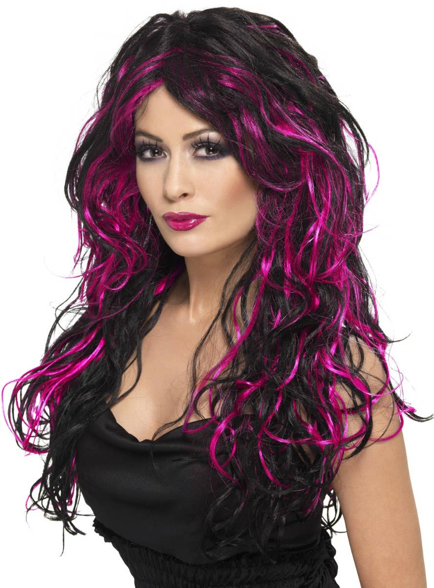 Gothic Bride Long Curly Black and Pink Wig Main Image