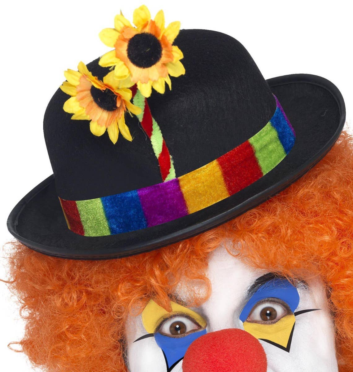 Clowning Around Black Bowler Hat with Flowers - Close Up