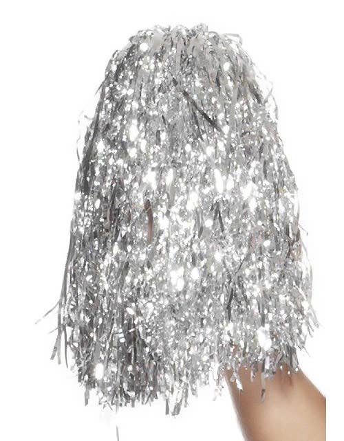 Metallic Silver Cheerleader Pom Poms Costume Accessory