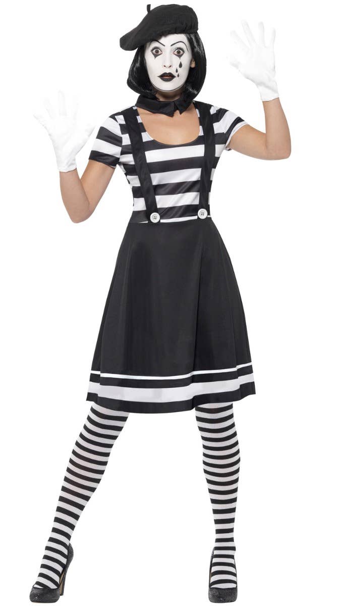 Women's Black And White French Mime Clown Halloween Fancy Dress Costume Main Image 
