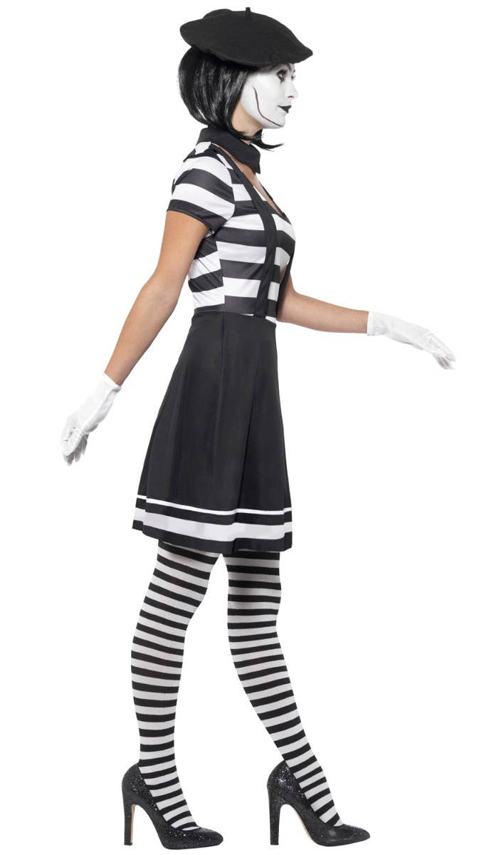 Women's Black And White French Mime Clown Halloween Fancy Dress Costume Side Image 