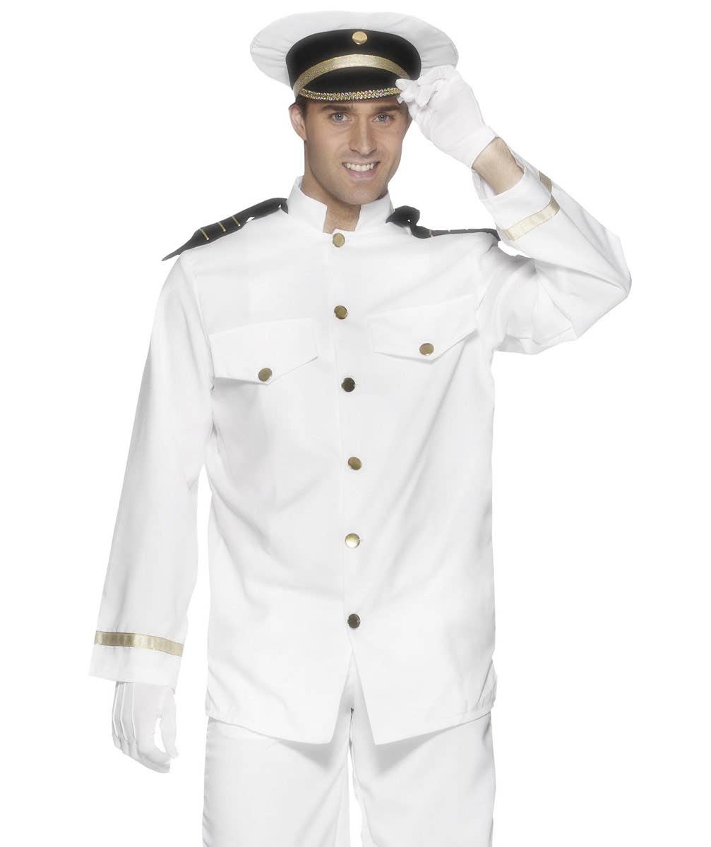 Men's White Cruise Ship Captain Fancy Dress Uniform Costume Close Front Image