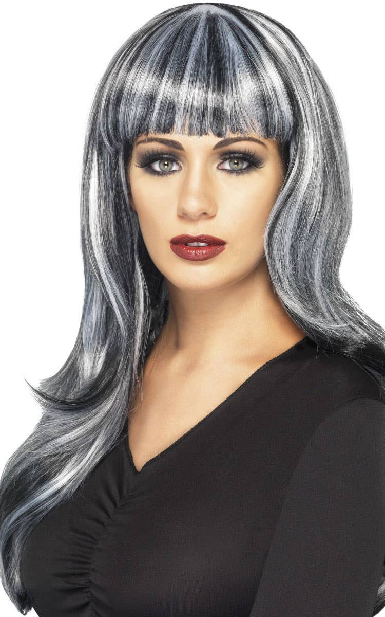 Long Sleek Grey and Black Streaked Women's Costume Wig with Fringe 