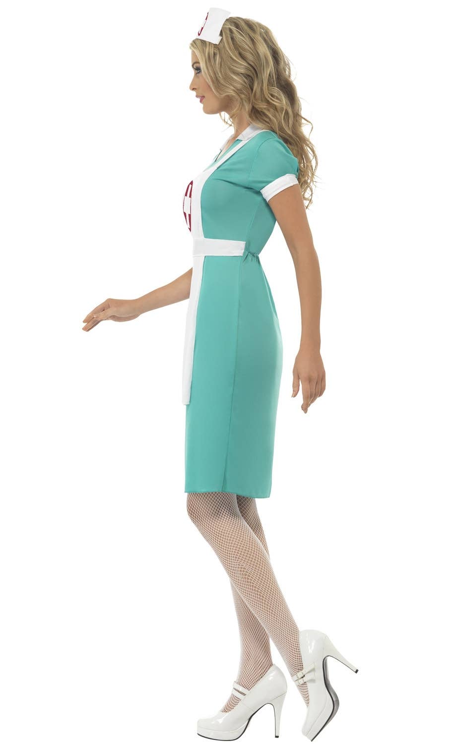 Women's Classic Blue Nurse Scrubs Costume Side Image