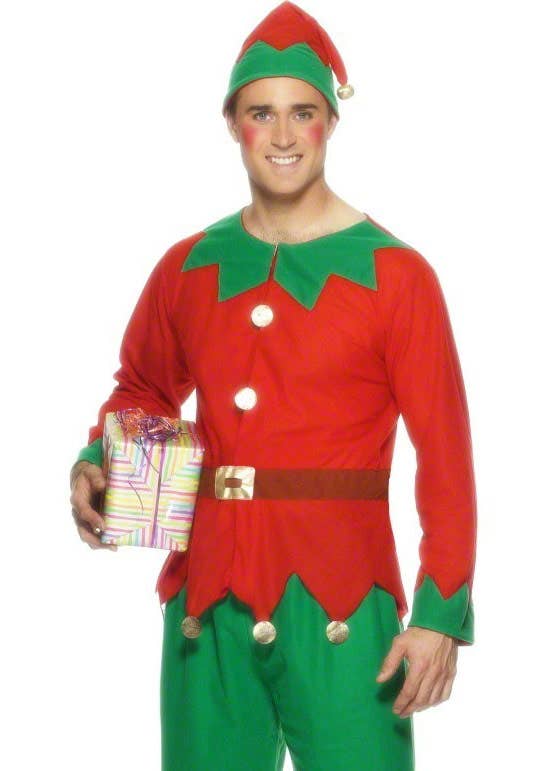 Men's Festive Red and Green Christmas Elf Costume - Close Up Image