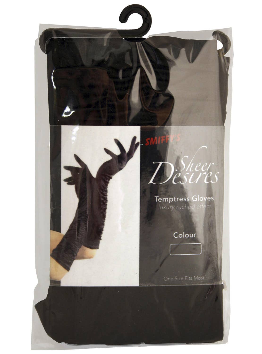 Women's Deluxe Black Satin Elbow Length Gloves With Side Ruching - Packaging Image