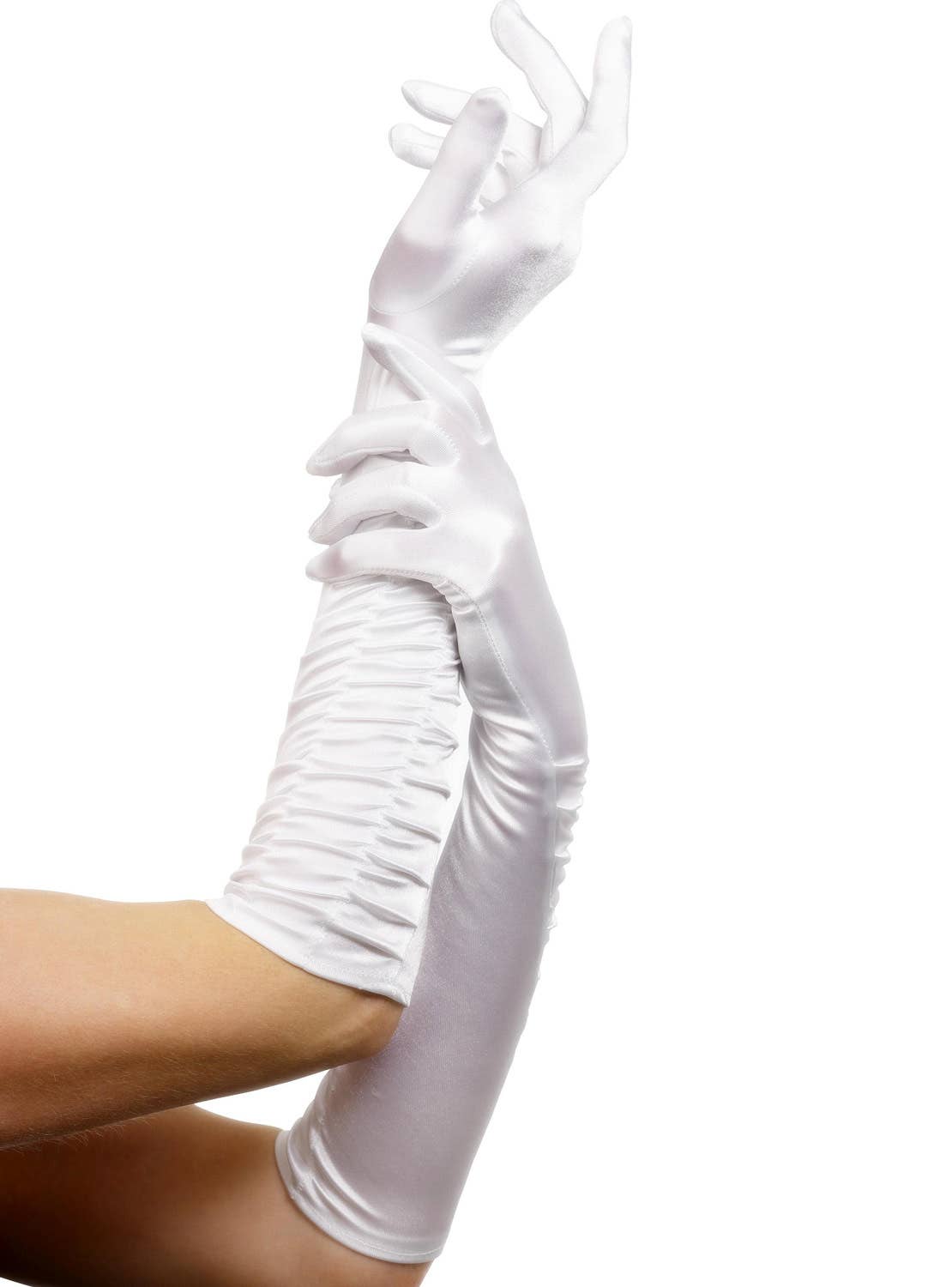 White Deluxe Satin Elbow Length Gloves With Side Ruching - Alternate Image