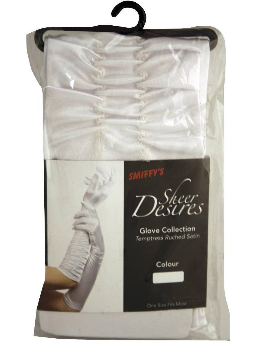 White Deluxe Satin Elbow Length Gloves With Side Ruching - Packaging Image