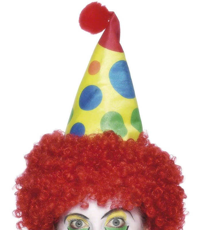 Polka Dot Clown Hat attached to Curly Red Afro Costume Wig - Alternative View