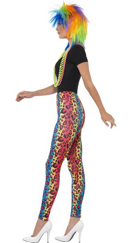 80's Rainbow Leopard Print Costume Leggings for Women - Side View